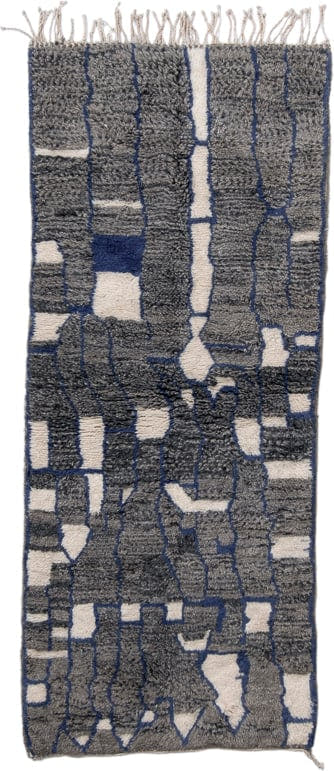 2' x 7' one-of-a-kind handmade vintage Moroccan runner rug. Color palette: charcoal, ivory, navy, slate, cream, gray, black