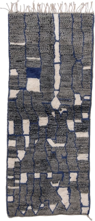 2' x 7' one-of-a-kind handmade vintage Moroccan runner rug. Color palette: charcoal, ivory, navy, slate, cream, gray, black