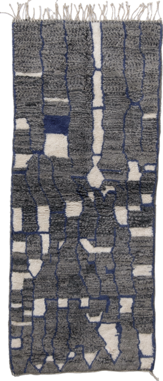 2' x 7' one-of-a-kind handmade vintage Moroccan runner rug. Color palette: black, blue, charcoal, dark gray, dim gray, gray