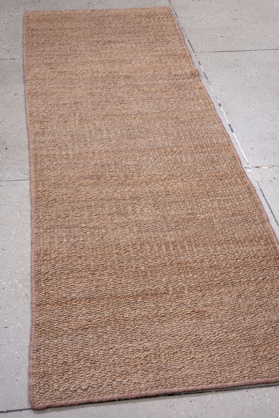 2' x 8' one-of-a-kind handmade vintage Jute Pile runner rug. Color palette: camel, taupe, beige, gray