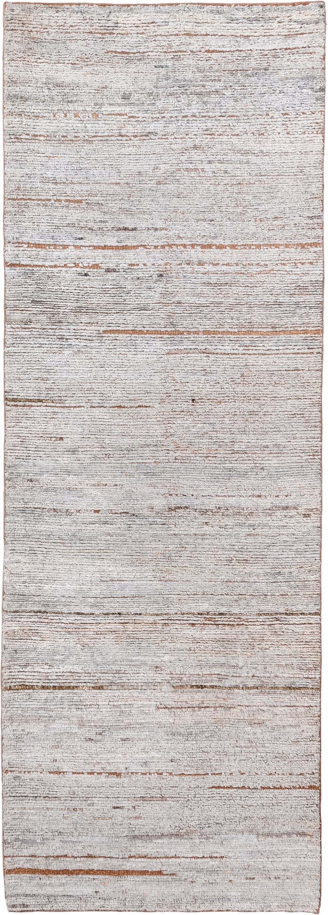 3' x 8' one-of-a-kind handmade vintage Tulu runner rug. Color palette: ivory, taupe, camel, cream, light gray, beige, gray