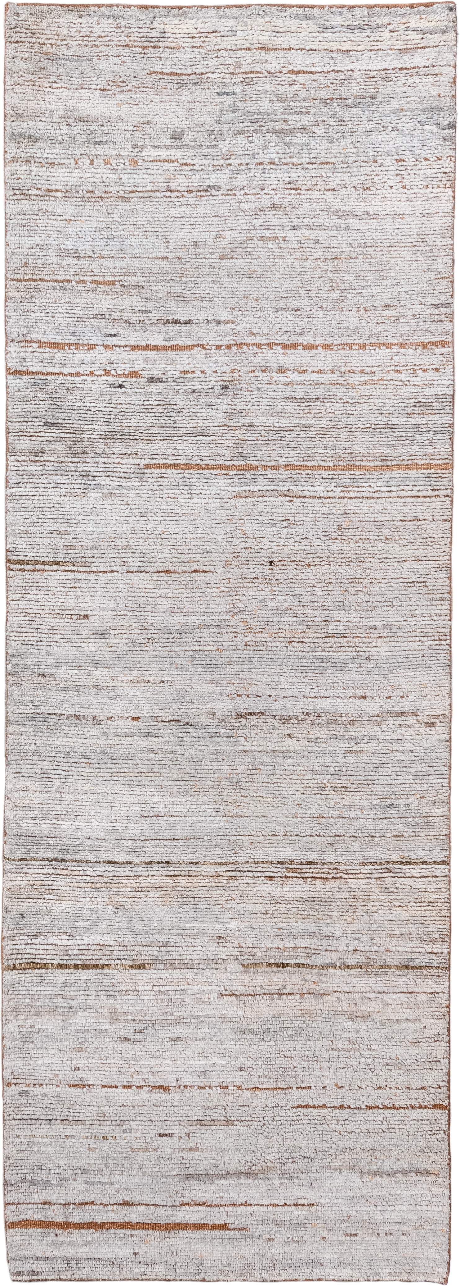 3' x 8' one-of-a-kind handmade vintage Tulu runner rug. Color palette: ivory, taupe, camel, cream, light gray, beige, gray