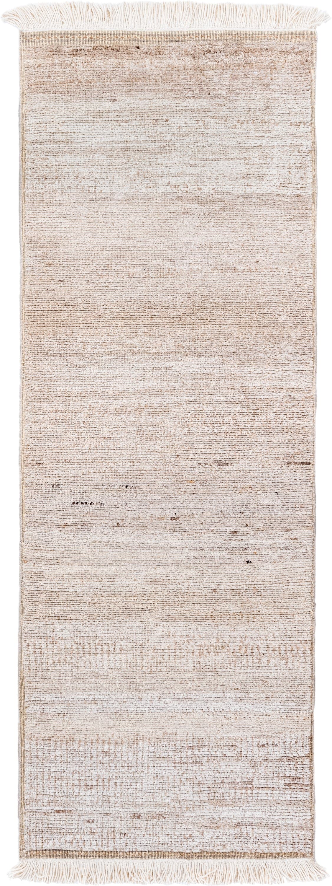 3' x 8' one-of-a-kind handmade vintage Moroccan runner rug. Color palette: ivory, beige, cream, taupe, camel, brown, gray