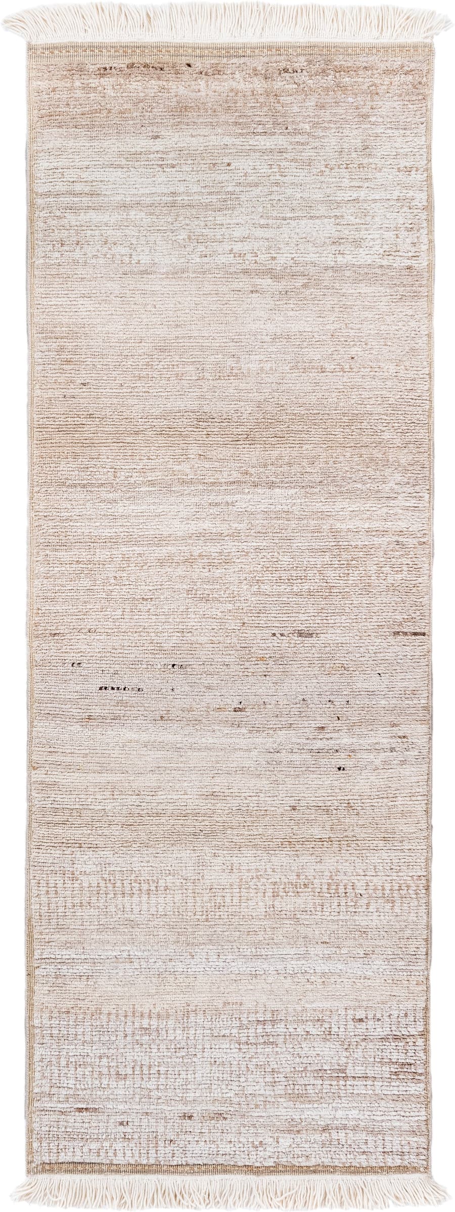 3' x 8' one-of-a-kind handmade vintage Moroccan runner rug. Color palette: ivory, beige, cream, taupe, camel, brown, gray