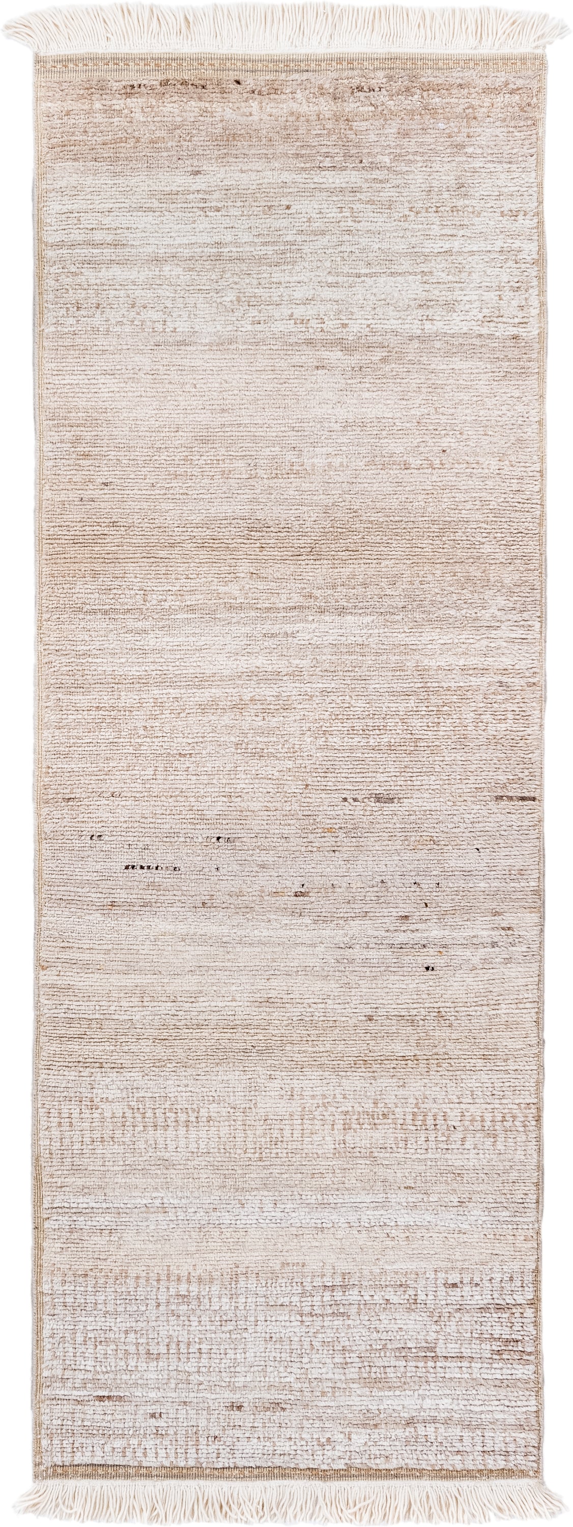 3' x 8' one-of-a-kind handmade vintage Moroccan runner rug. Color palette: ivory, beige, cream, taupe, camel, brown, gray