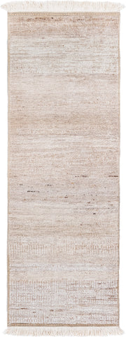 3' x 8' one-of-a-kind handmade vintage Moroccan runner rug. Color palette: ivory, beige, cream, taupe, camel, brown, gray