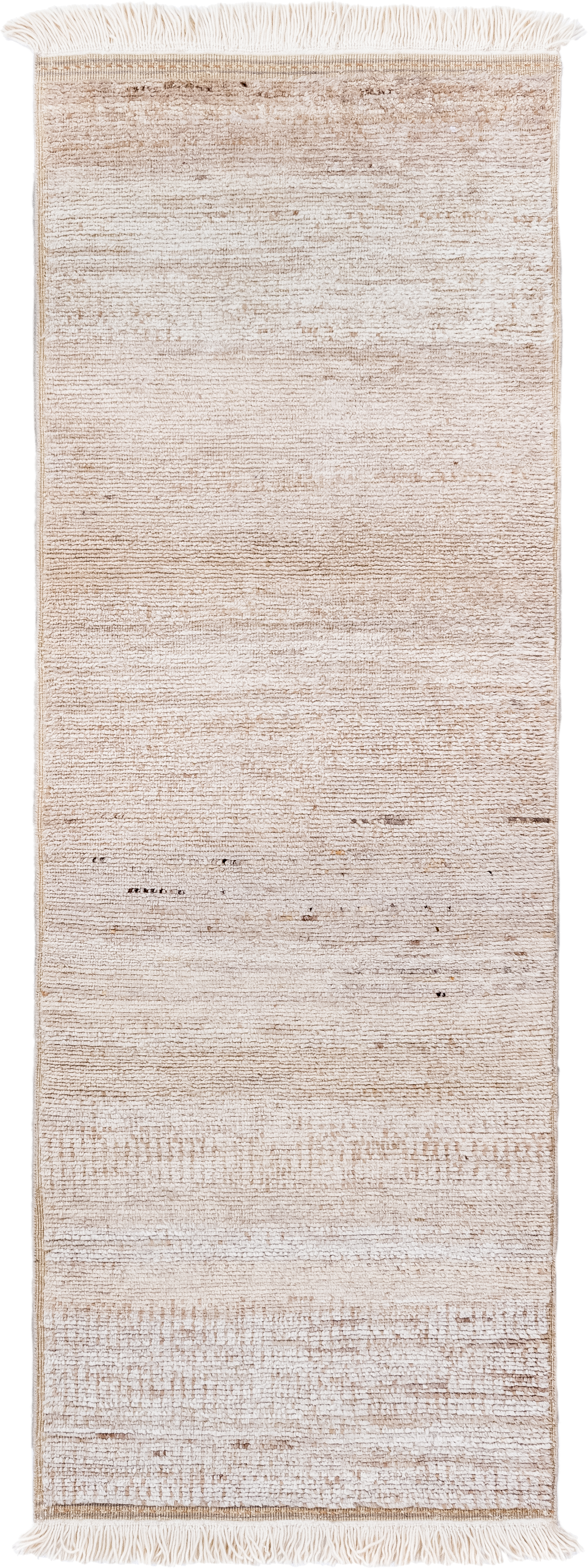 3' x 8' one-of-a-kind handmade vintage Moroccan runner rug. Color palette: ivory, beige, cream, taupe, camel, brown, gray