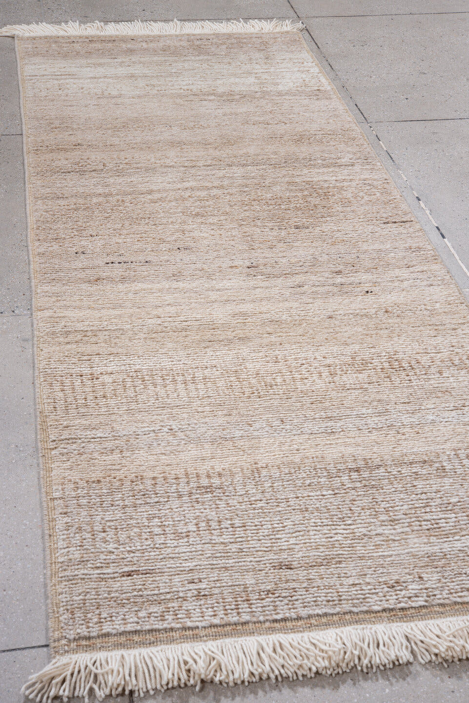 3' x 8' one-of-a-kind handmade vintage Moroccan runner rug. Color palette: ivory, beige, cream, taupe, camel, brown, gray