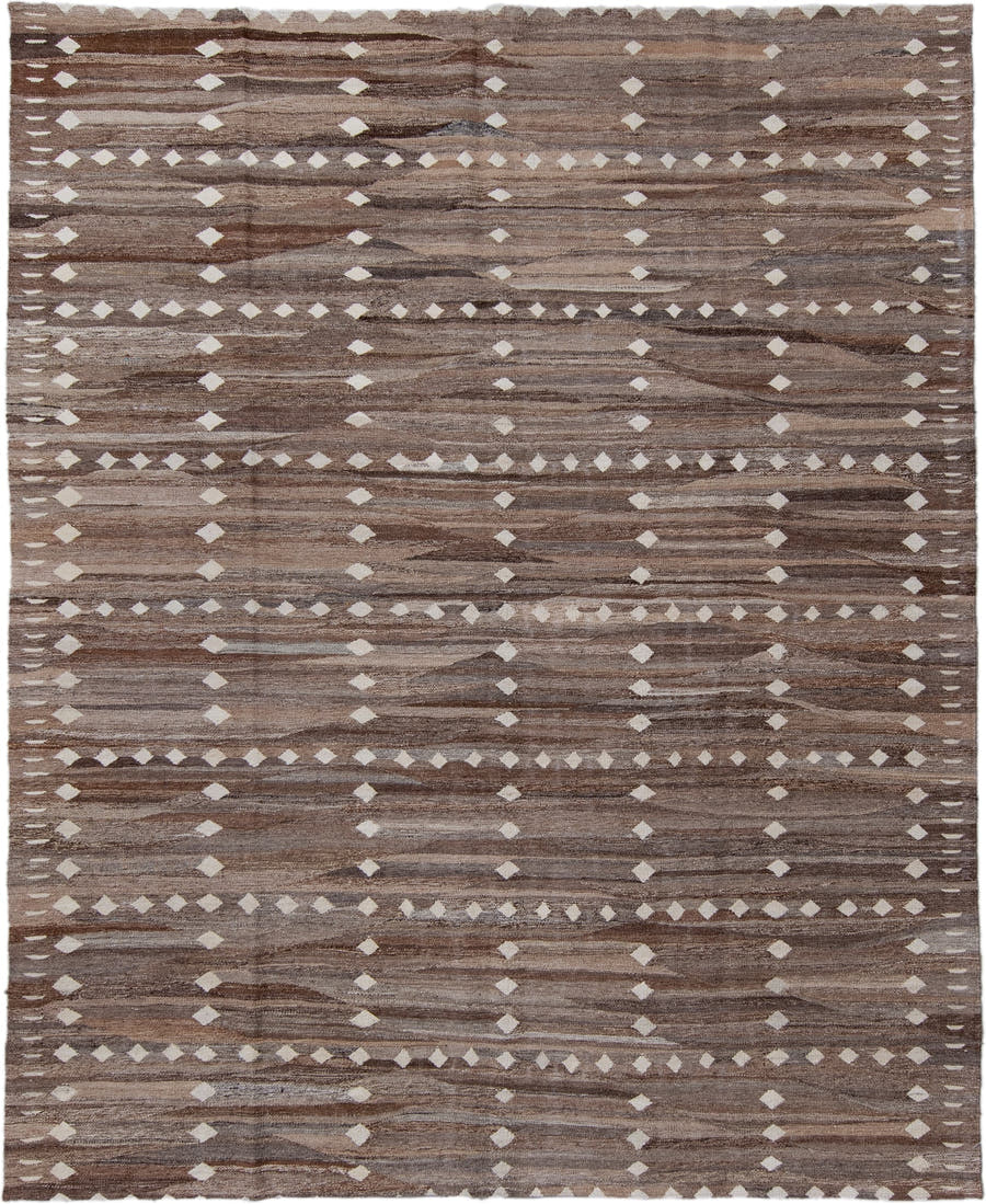 8' x 9' one-of-a-kind handmade vintage Kilim large size rug. Color palette: taupe, brown, ivory, camel, charcoal, beige