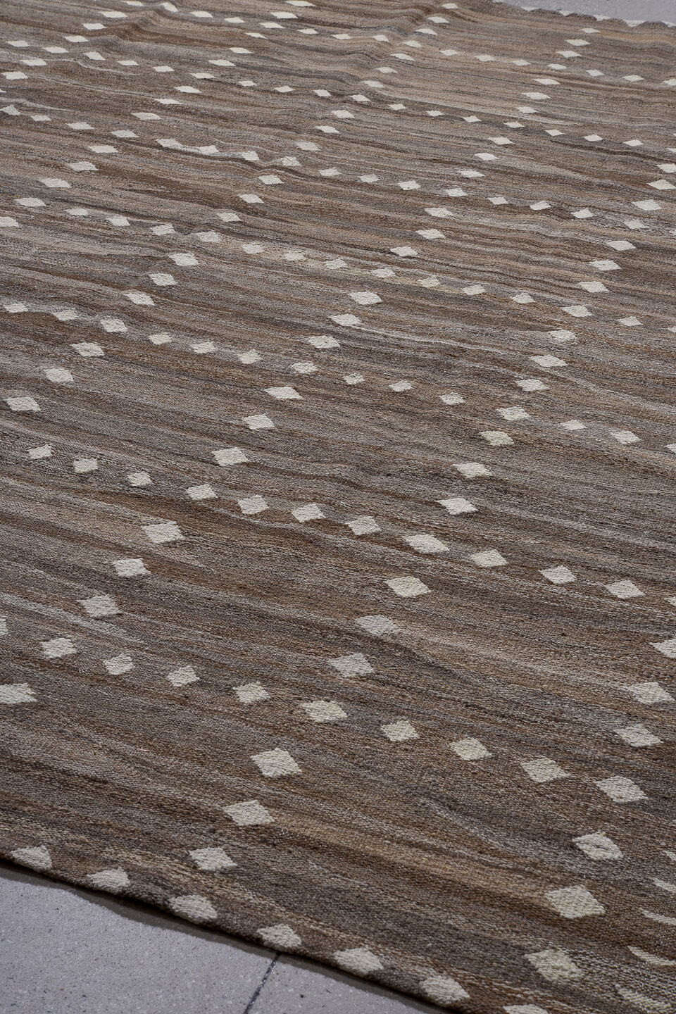 8' x 9' one-of-a-kind handmade vintage Kilim large size rug. Color palette: taupe, brown, ivory, camel, charcoal, beige