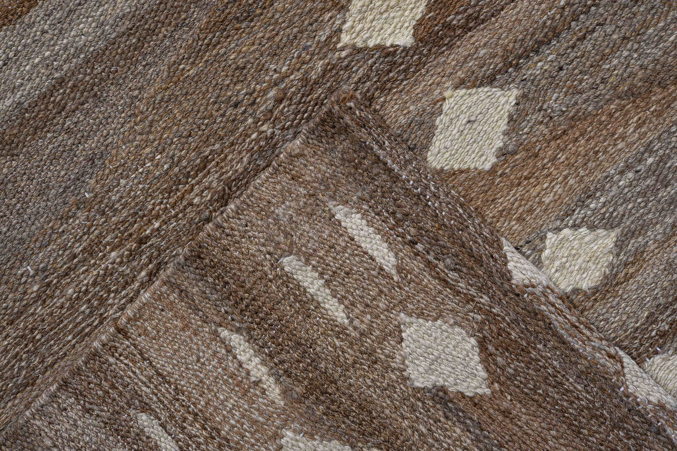 8' x 9' one-of-a-kind handmade vintage Kilim large size rug. Color palette: taupe, brown, ivory, camel, charcoal, beige