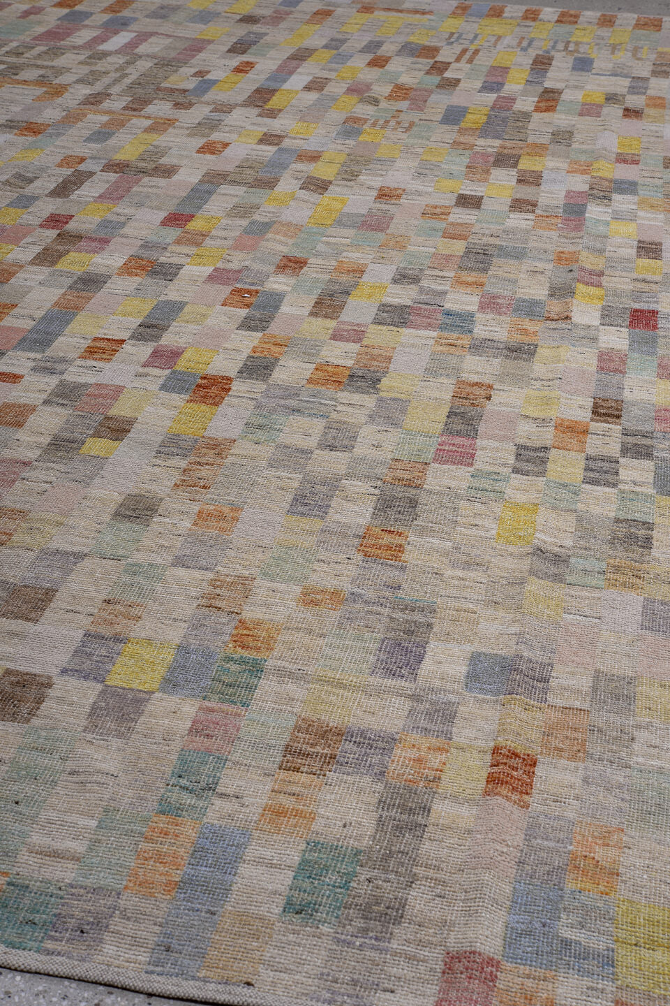 9' x 15' one-of-a-kind handmade vintage Tulu rug. Color palette: brown, gainsboro, gray, light gray, off-white, orange, pink