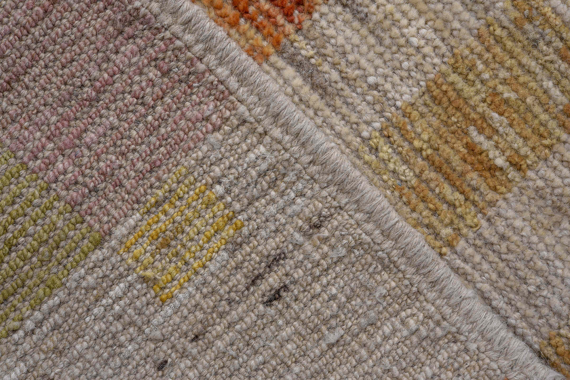 9' x 15' one-of-a-kind handmade vintage Tulu rug. Color palette: brown, gainsboro, gray, light gray, off-white, orange, pink