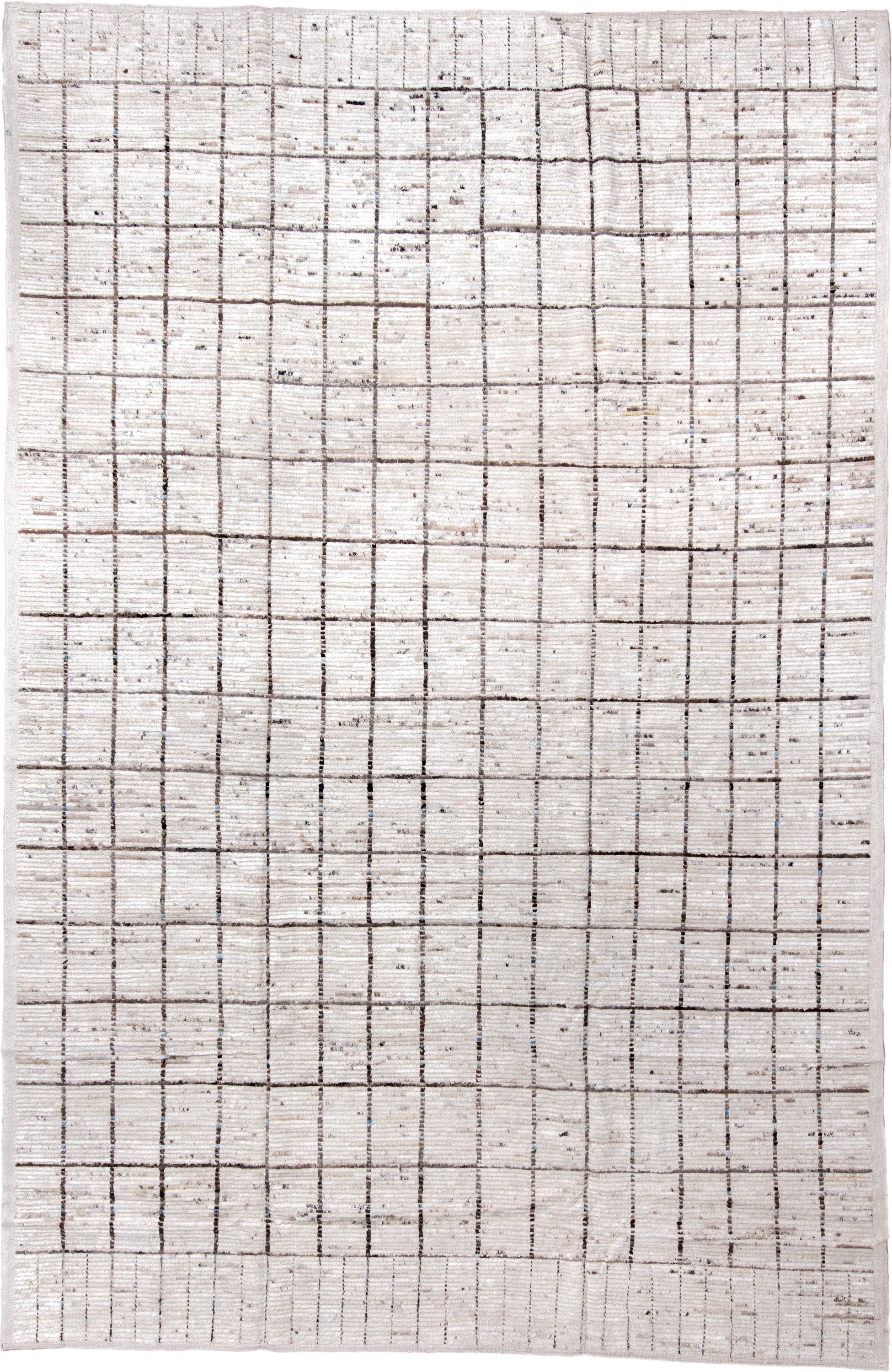 9' x 13' one-of-a-kind handmade vintage Tulu large size rug. Color palette: ivory, brown, taupe, charcoal, beige, gray