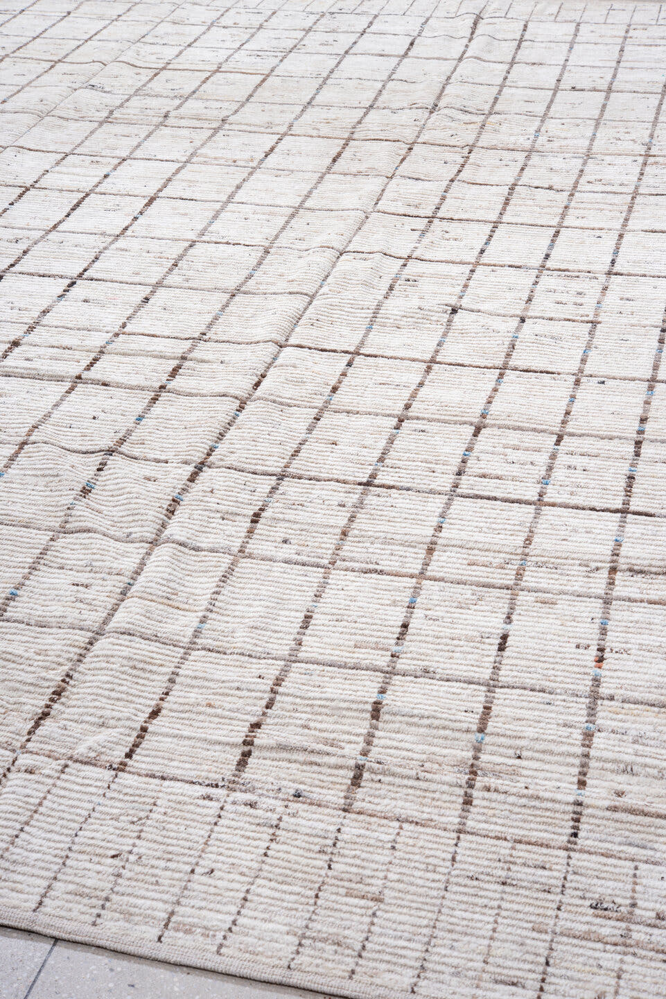 9' x 13' one-of-a-kind handmade vintage Tulu large size rug. Color palette: ivory, brown, taupe, charcoal, beige, gray