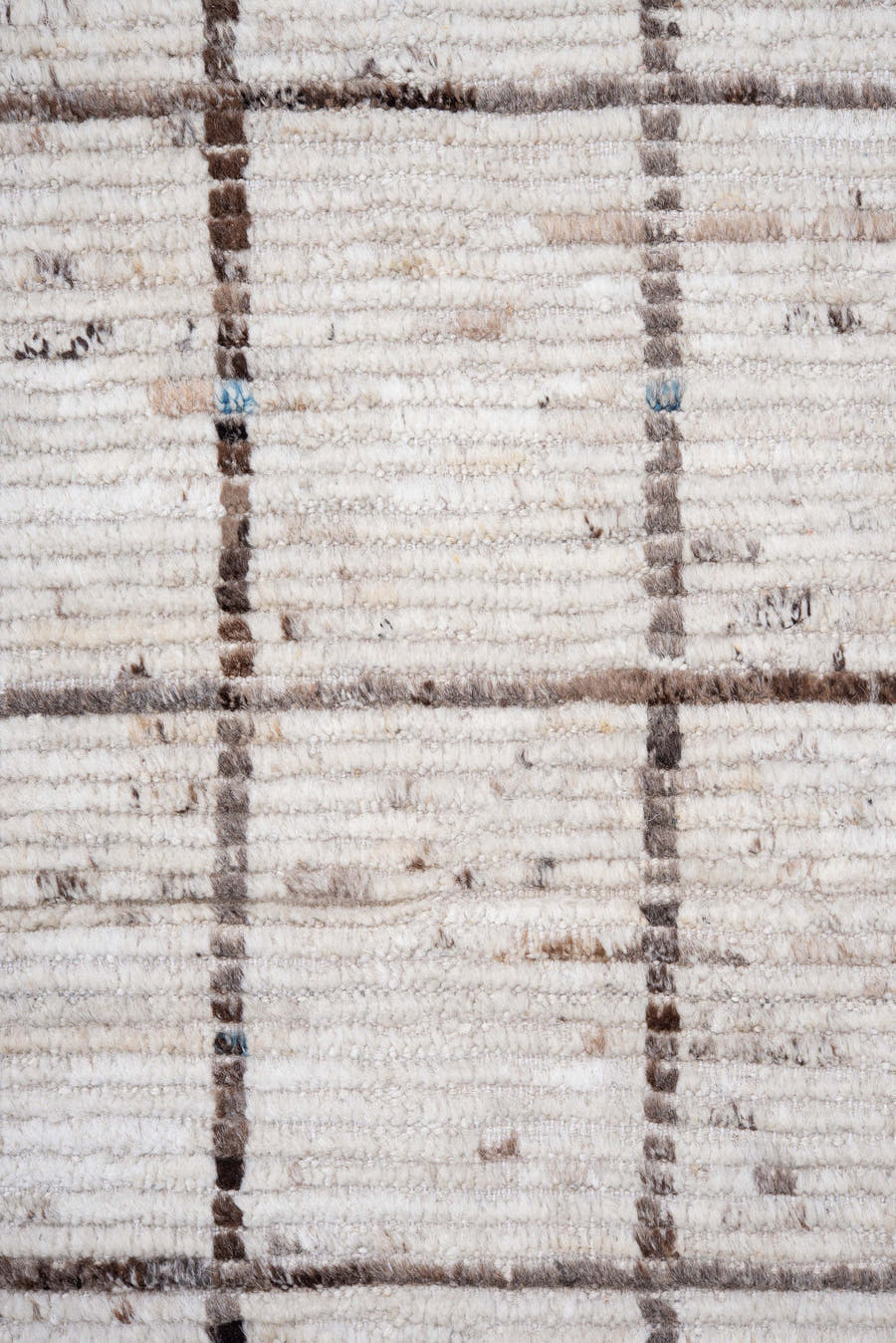 9' x 13' one-of-a-kind handmade vintage Tulu large size rug. Color palette: ivory, brown, taupe, charcoal, beige, gray