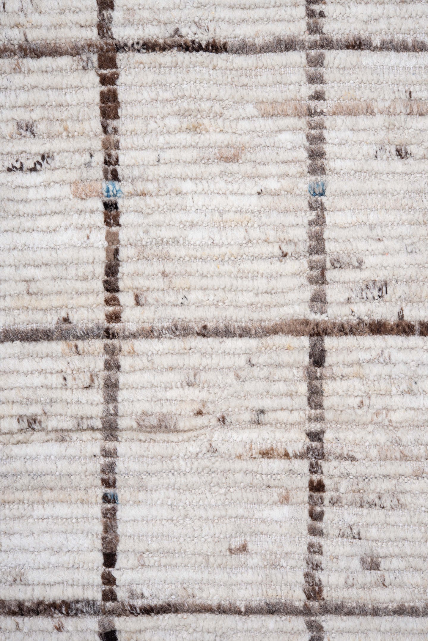 9' x 13' one-of-a-kind handmade vintage Tulu large size rug. Color palette: ivory, brown, taupe, charcoal, beige, gray