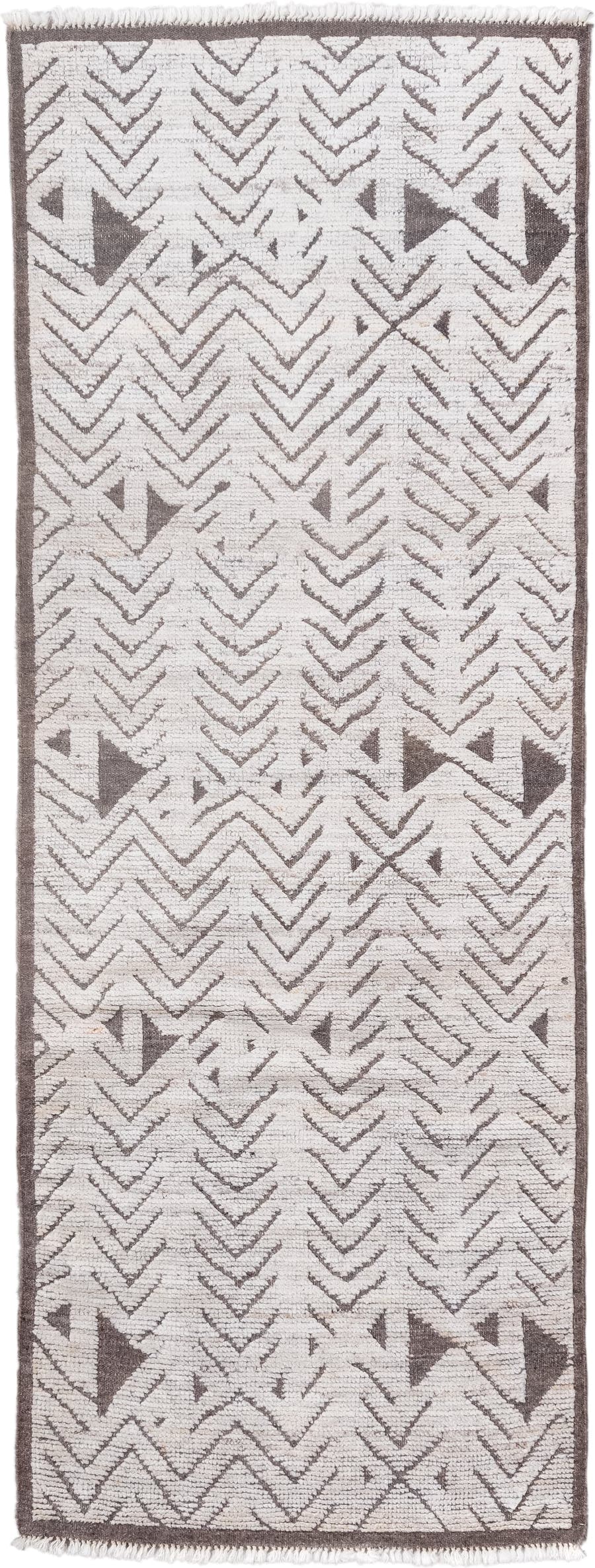 3' x 9' one-of-a-kind handmade vintage Tulu runner rug. Color palette: ivory, taupe, brown, beige, gray