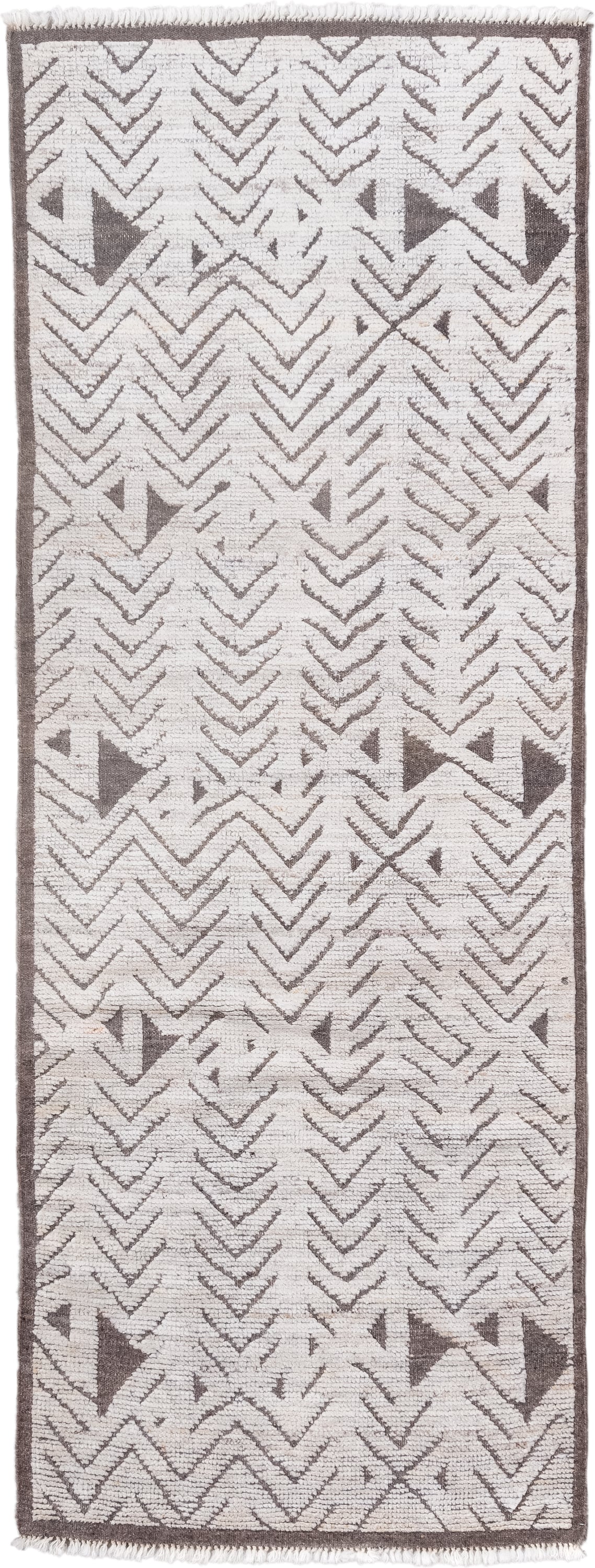 3' x 9' one-of-a-kind handmade vintage Tulu runner rug. Color palette: ivory, taupe, brown, beige, gray