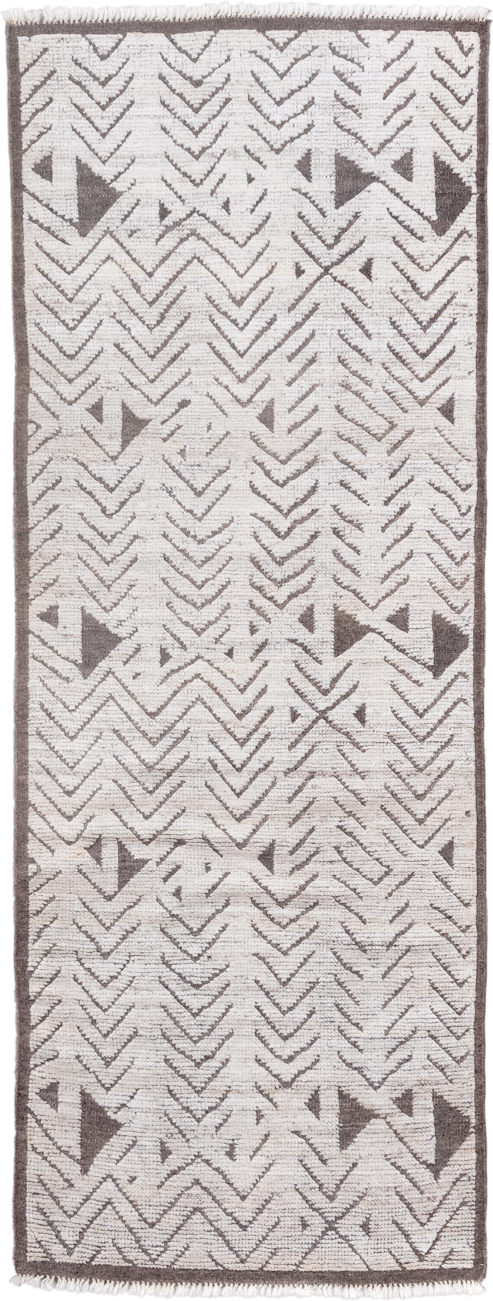 3' x 9' one-of-a-kind handmade vintage Tulu runner rug. Color palette: ivory, taupe, brown, beige, gray