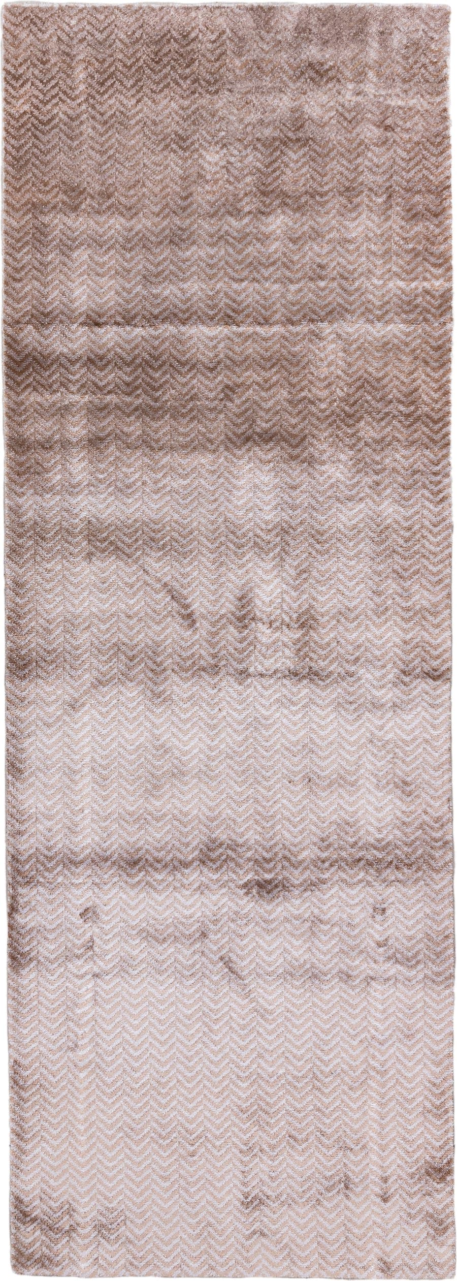 3' x 9' one-of-a-kind handmade handmade Contemporary runner rug. Color palette: blush, taupe, brown, ivory, pink, beige