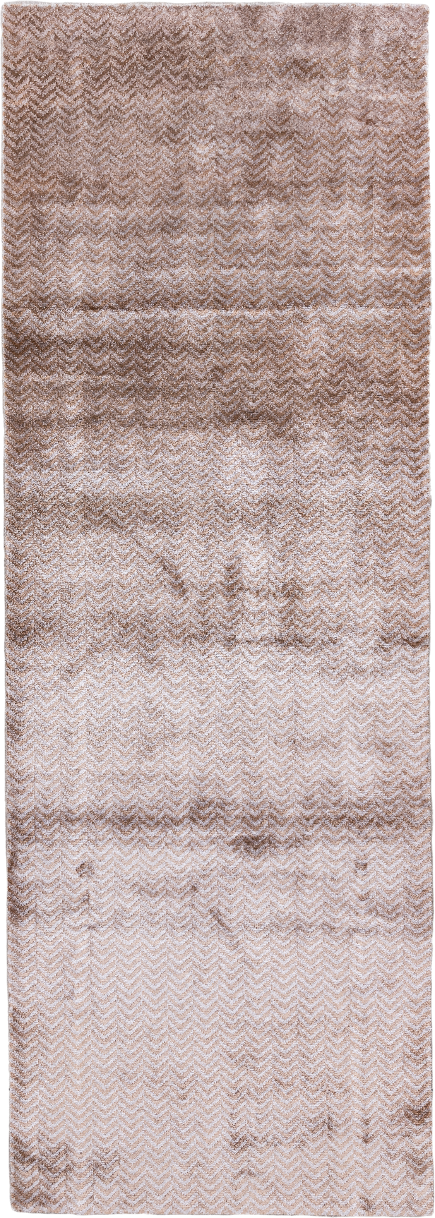 3' x 9' one-of-a-kind handmade handmade Contemporary runner rug. Color palette: blush, taupe, brown, ivory, pink, beige