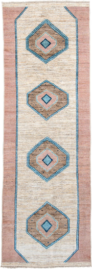 3' x 12' one-of-a-kind handmade vintage Oushak runner rug. Color palette: ivory, rose, sky_blue, taupe, camel, pink, red