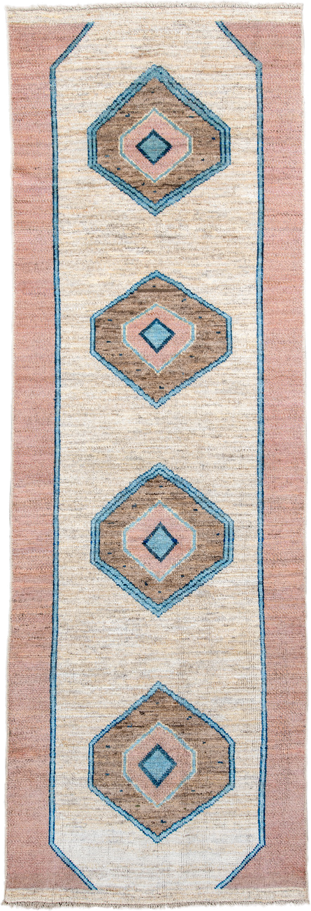 3' x 12' one-of-a-kind handmade vintage Oushak runner rug. Color palette: ivory, rose, sky_blue, taupe, camel, pink, red