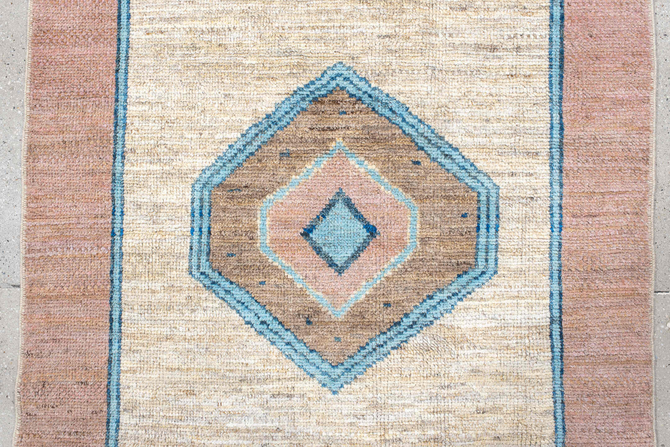 3' x 12' one-of-a-kind handmade vintage Oushak runner rug. Color palette: antiquewhite, arapawa, blue, brown, gray