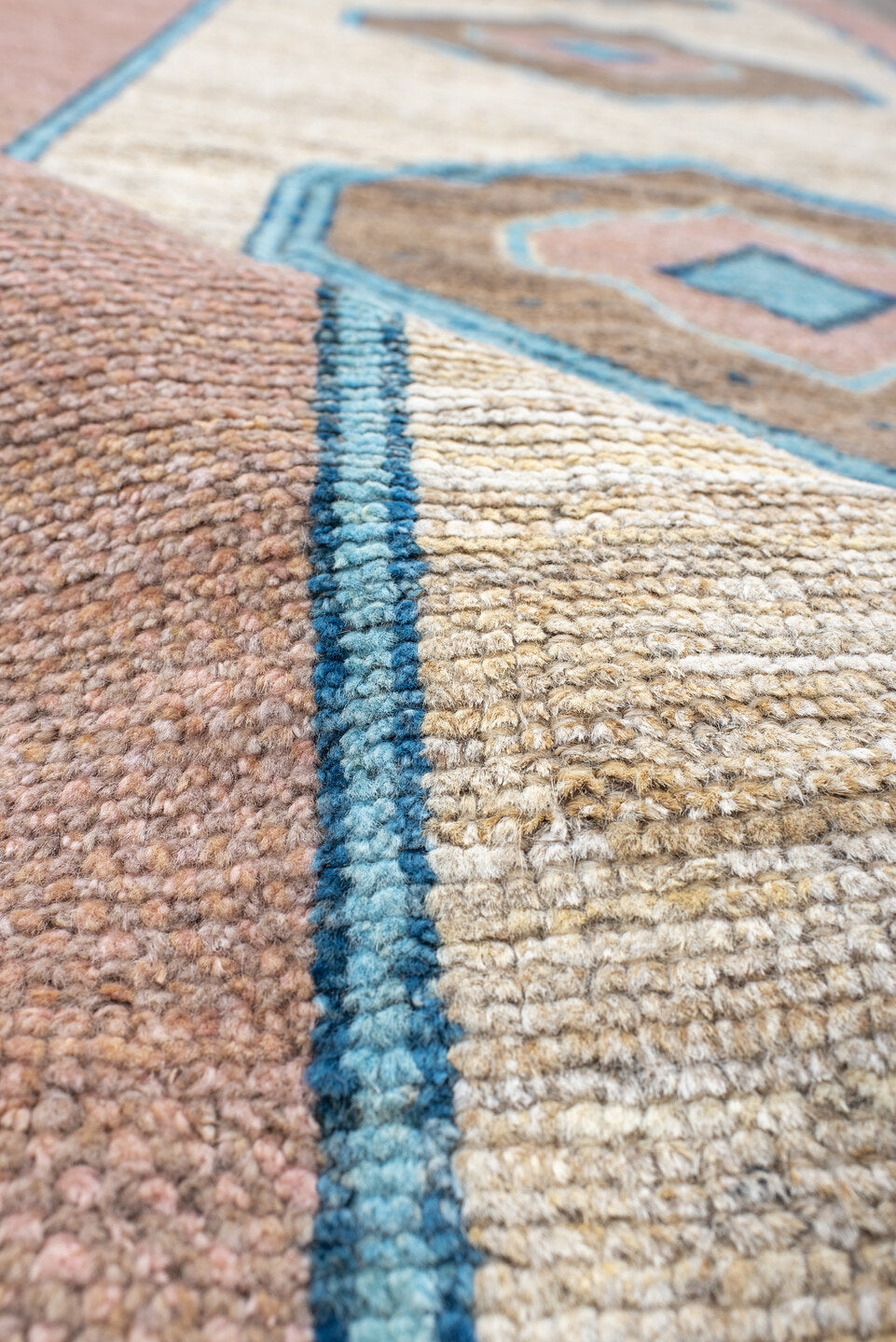 3' x 12' one-of-a-kind handmade vintage Oushak runner rug. Color palette: antiquewhite, arapawa, blue, brown, gray