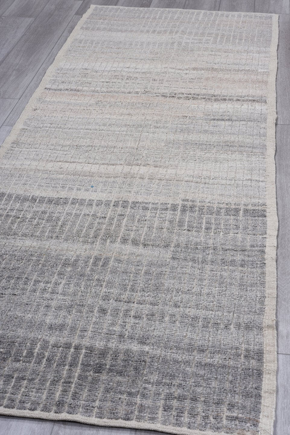 3' x 11' one-of-a-kind handmade vintage Tulu runner rug. Color palette: ivory, slate, taupe, gray, charcoal, beige, black