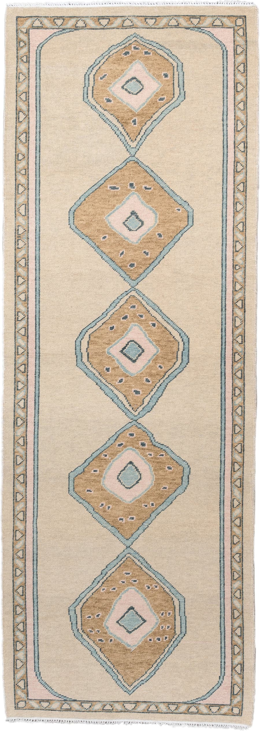 4' x 11' one-of-a-kind handmade vintage Oushak runner rug. Color palette: ivory, sand, pale blue, blush, taupe, beige