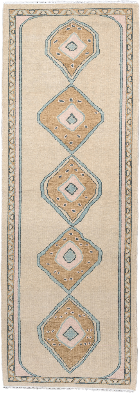 4' x 11' one-of-a-kind handmade vintage Oushak runner rug. Color palette: ivory, sand, pale blue, blush, taupe, beige