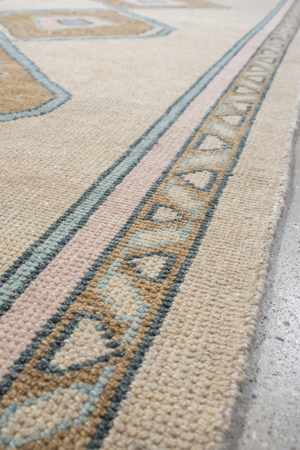 4' x 11' one-of-a-kind handmade vintage Oushak runner rug. Color palette: ivory, sand, pale blue, blush, taupe, beige