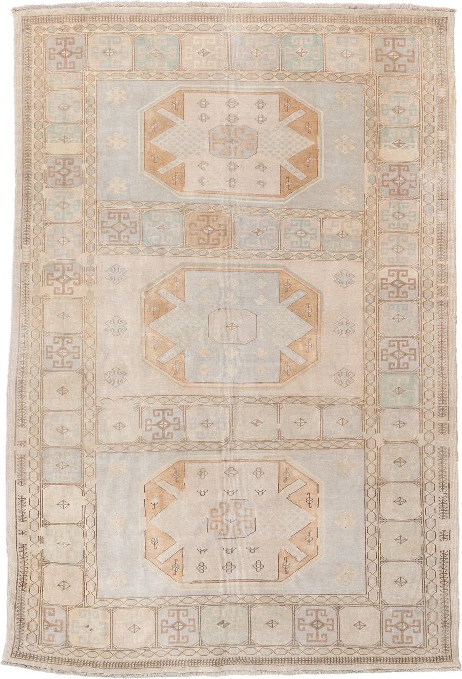 6' x 9' one-of-a-kind handmade vintage  medium size rug. Color palette: ivory, pale blue, beige, camel, taupe, light blue