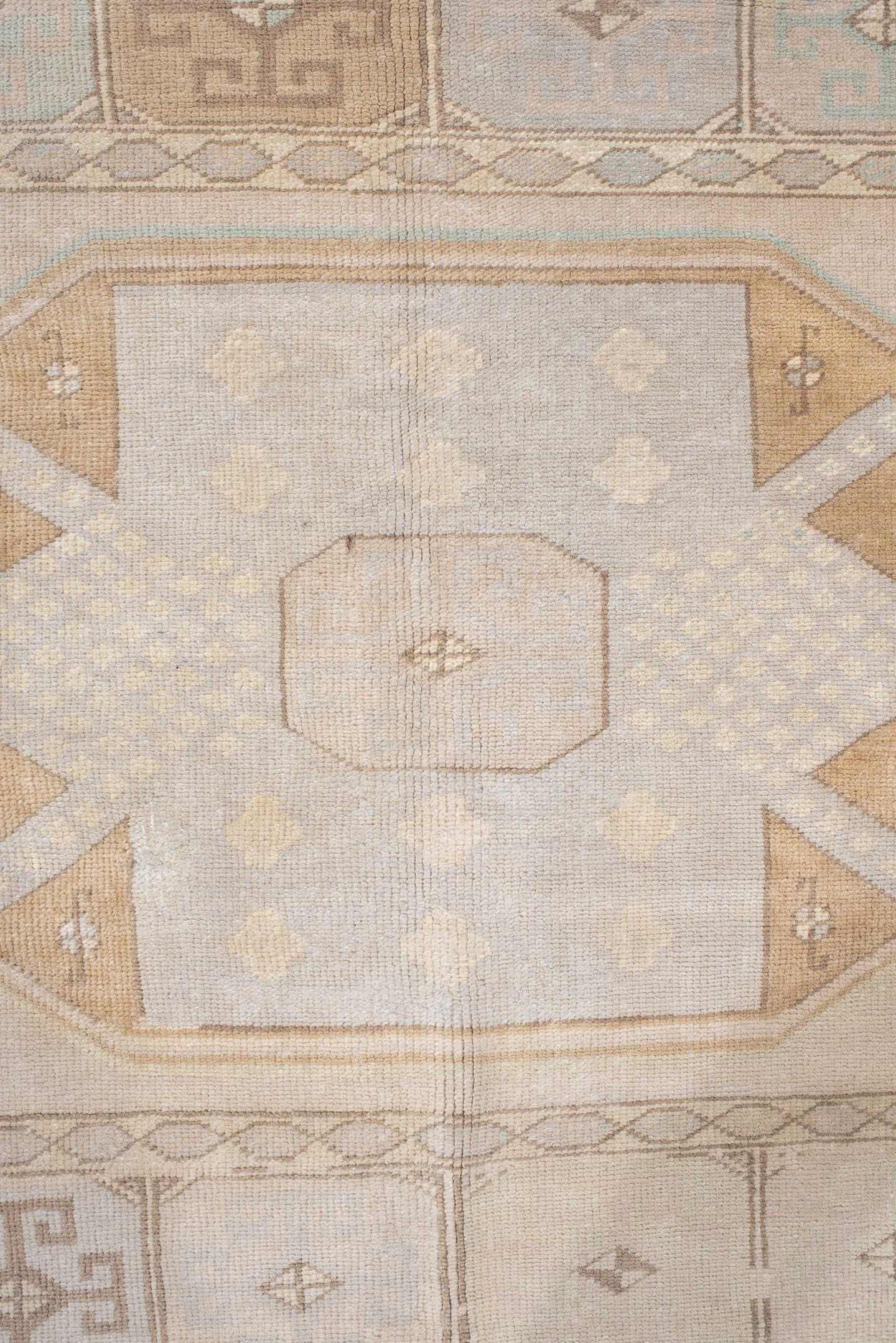 6' x 9' one-of-a-kind handmade vintage medium size rug. Color palette: ivory, pale blue, beige, camel, taupe, light blue