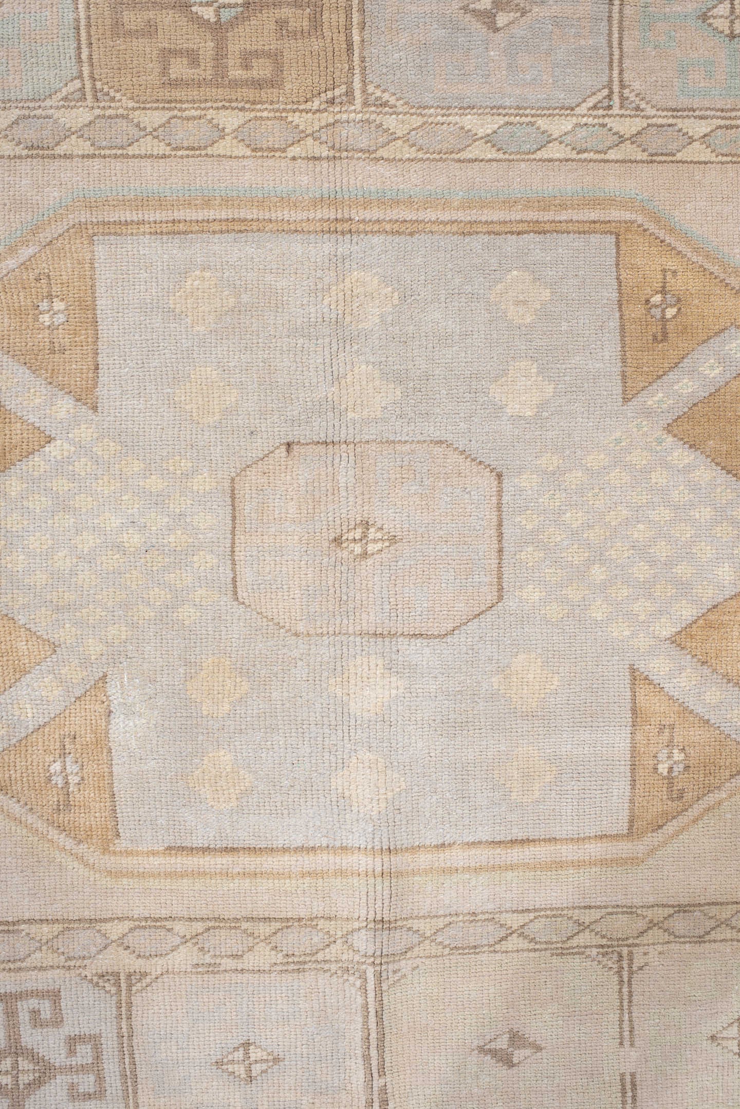 6' x 9' one-of-a-kind handmade vintage  medium size rug. Color palette: ivory, pale blue, beige, camel, taupe, light blue