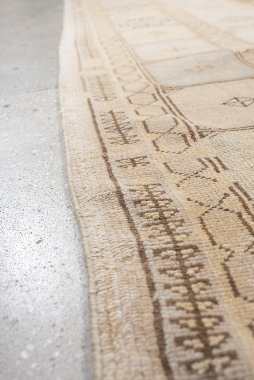 6' x 9' one-of-a-kind handmade vintage medium size rug. Color palette: ivory, pale blue, beige, camel, taupe, light blue