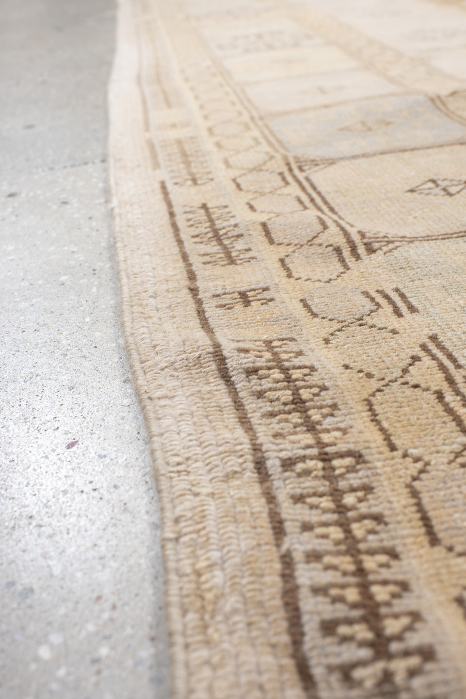 6' x 9' one-of-a-kind handmade vintage  medium size rug. Color palette: ivory, pale blue, beige, camel, taupe, light blue