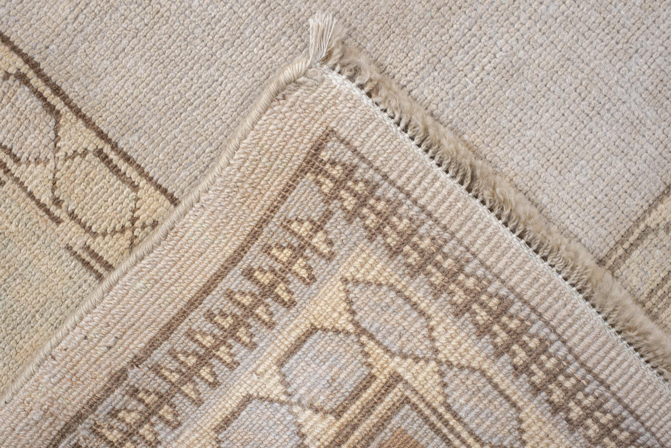 6' x 9' one-of-a-kind handmade vintage medium size rug. Color palette: ivory, pale blue, beige, camel, taupe, light blue