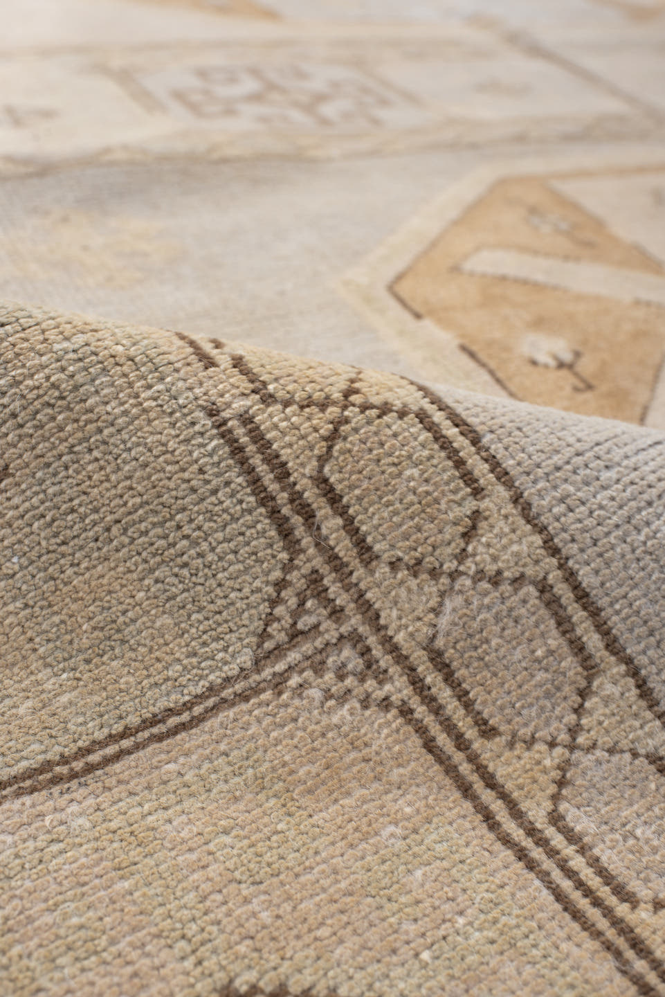 6' x 9' one-of-a-kind handmade vintage medium size rug. Color palette: ivory, pale blue, beige, camel, taupe, light blue