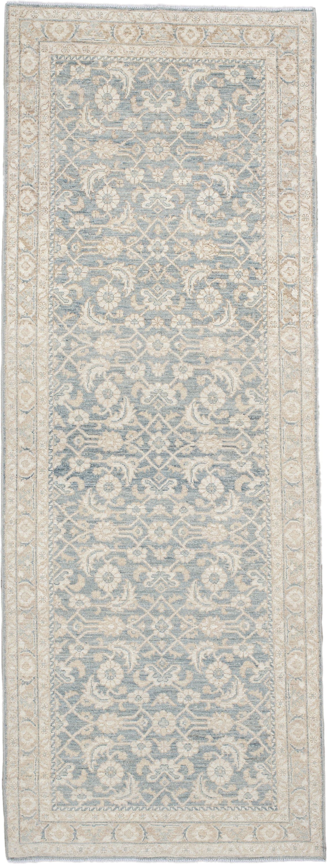 3' x 8' one-of-a-kind handmade vintage Tabriz runner rug. Color palette: ivory, pale blue, cream, beige, taupe, light blue