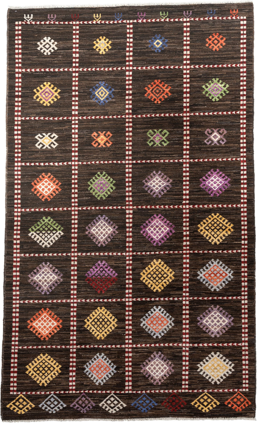4' x 6' one-of-a-kind handmade vintage Jijim rug. Color palette: dark brown, ivory, coral, lavender, saffron, blue, sage