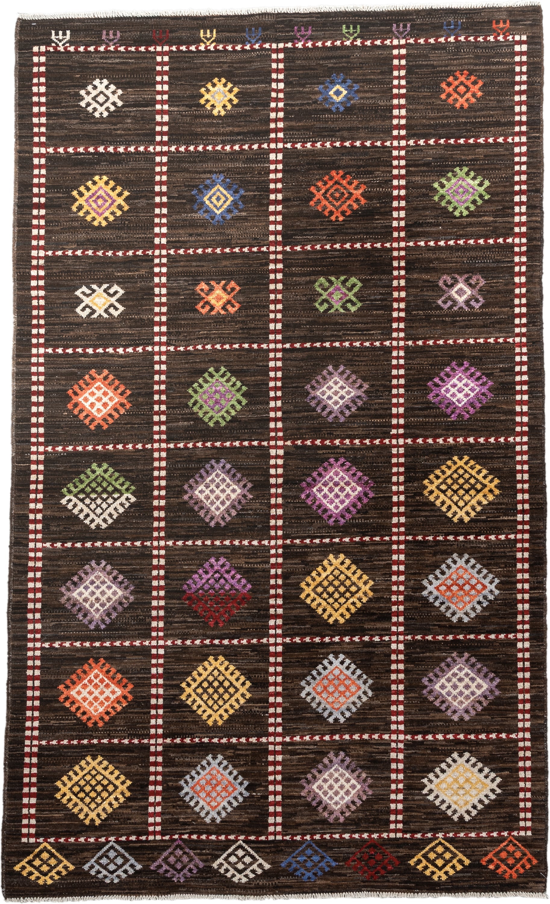 4' x 6' one-of-a-kind handmade vintage Jijim rug. Color palette: dark brown, ivory, coral, lavender, saffron, blue, sage