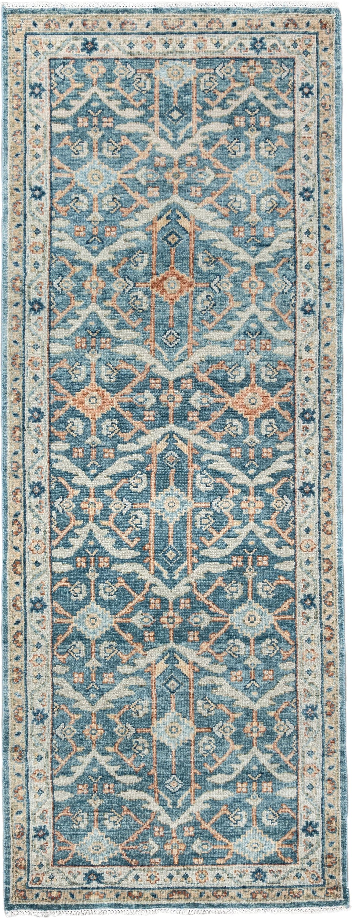 3' x 8' one-of-a-kind handmade vintage Malayer runner rug. Color palette: blue, ivory, terracotta, navy, cream, camel, brown