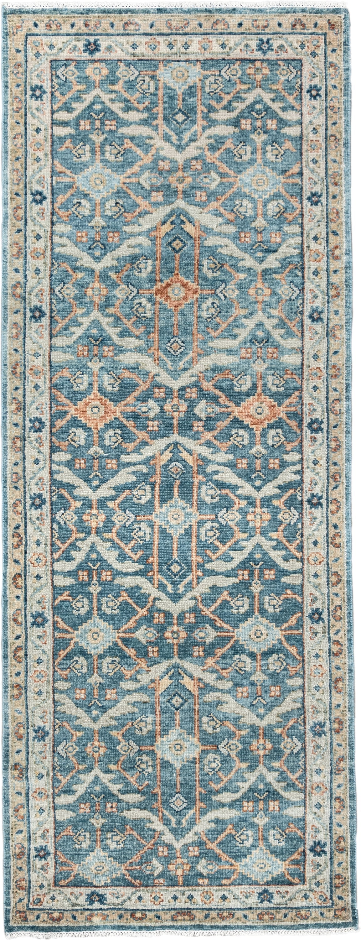 3' x 8' one-of-a-kind handmade vintage Malayer runner rug. Color palette: blue, ivory, terracotta, navy, cream, camel, brown