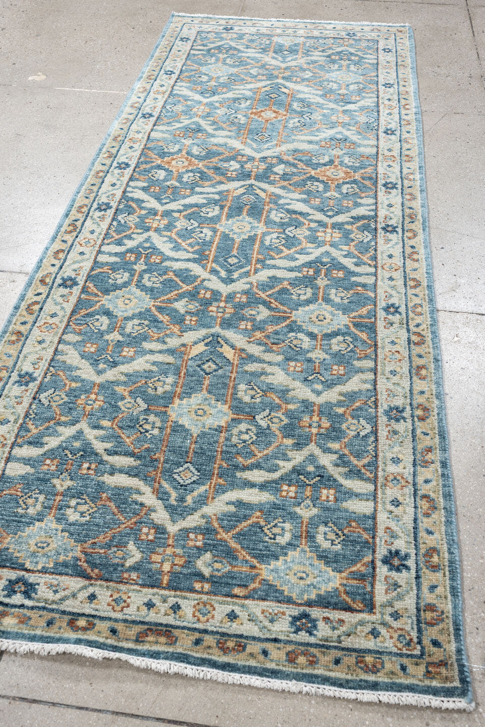 3' x 8' one-of-a-kind handmade vintage Malayer runner rug. Color palette: blue, ivory, terracotta, navy, cream, camel, brown