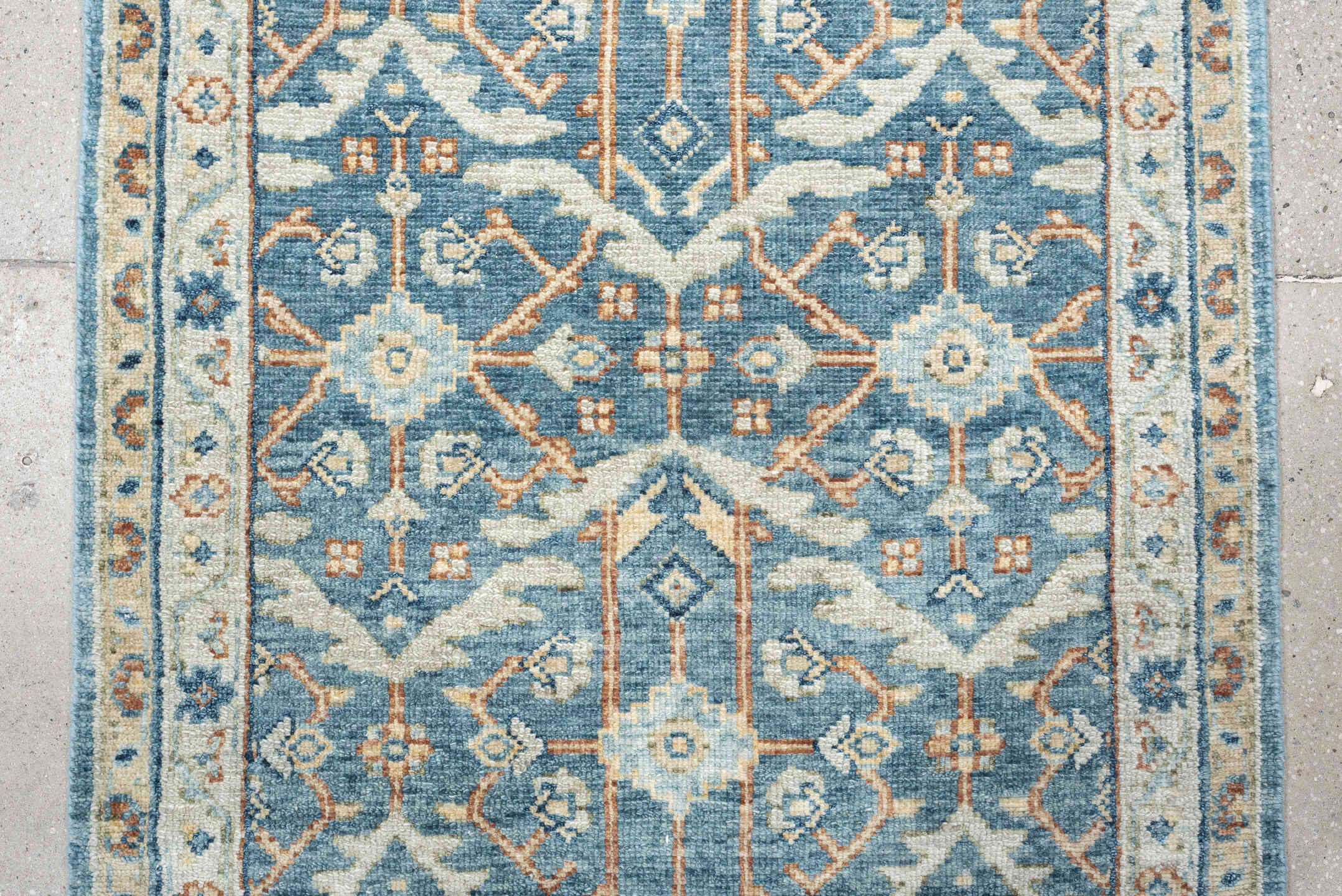 3' x 8' one-of-a-kind handmade vintage Malayer runner rug. Color palette: blue, ivory, terracotta, navy, cream, camel, brown