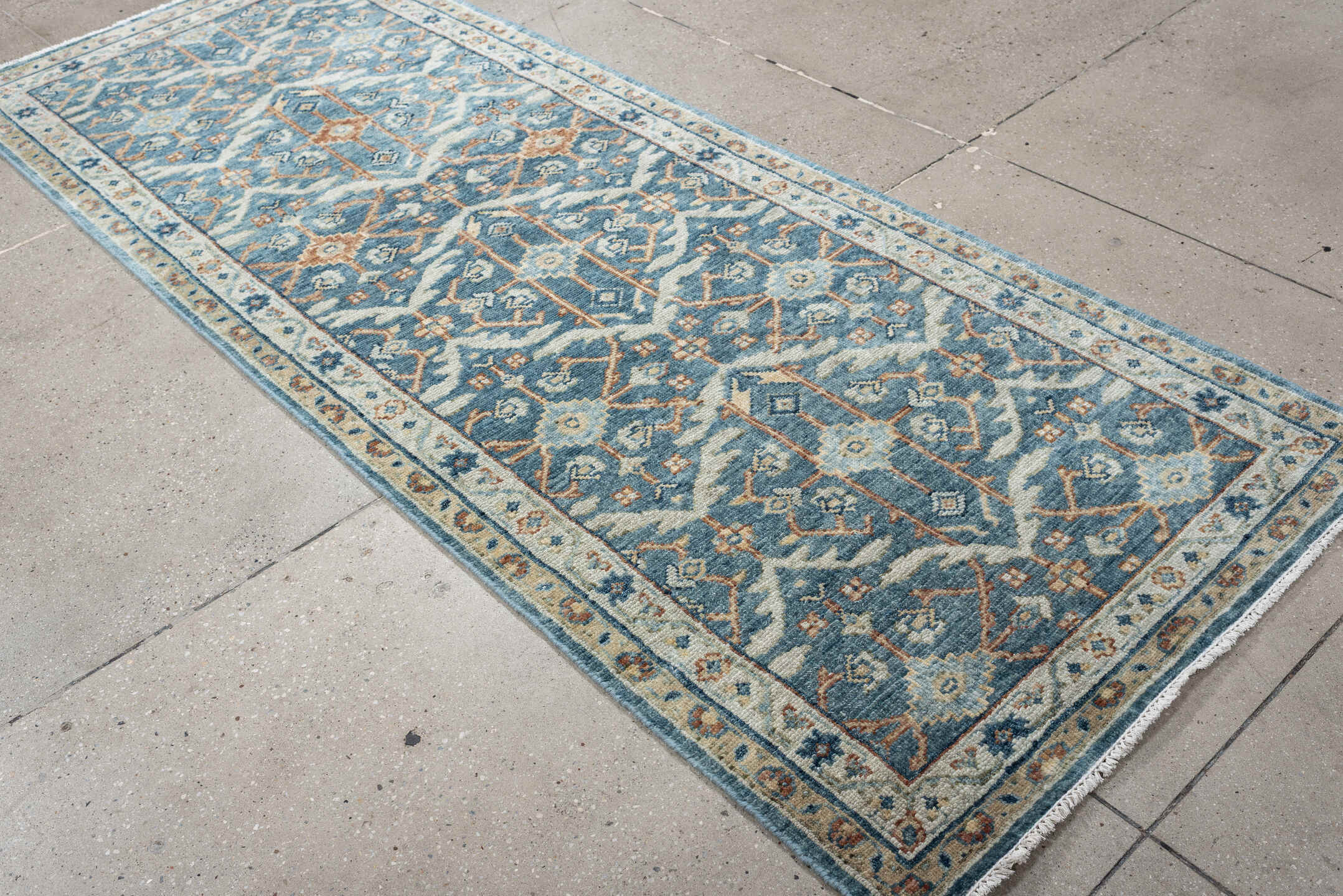 3' x 8' one-of-a-kind handmade vintage Malayer runner rug. Color palette: blue, ivory, terracotta, navy, cream, camel, brown