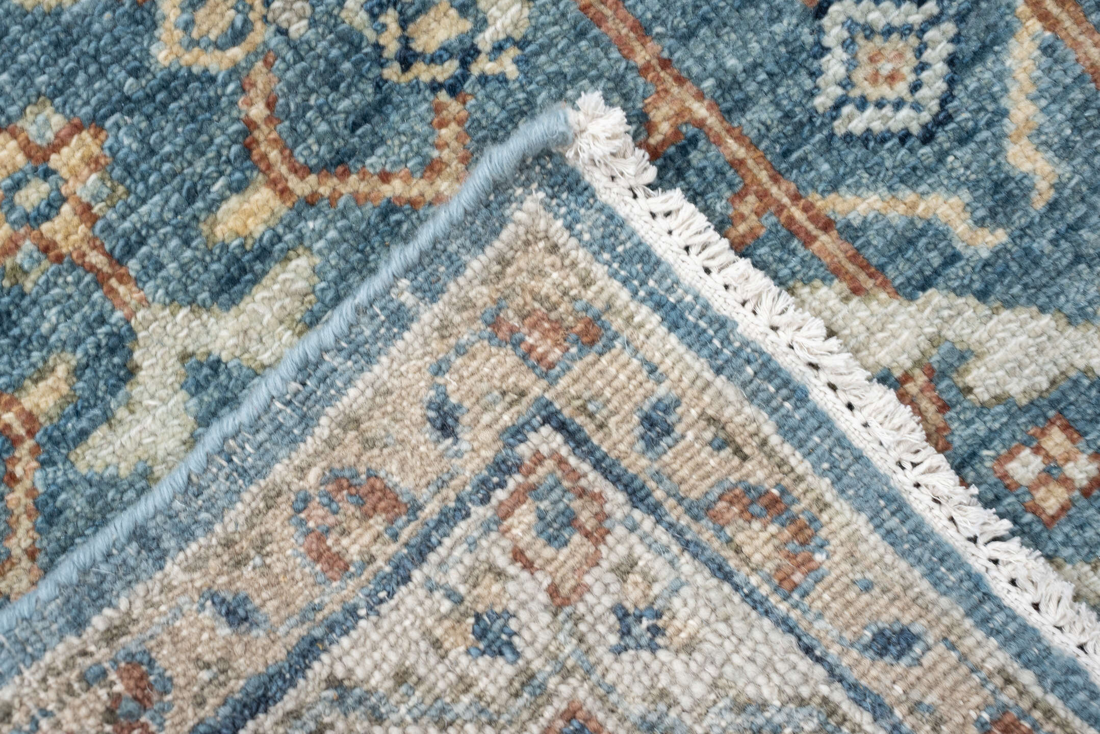 3' x 8' one-of-a-kind handmade vintage Malayer runner rug. Color palette: blue, ivory, terracotta, navy, cream, camel, brown